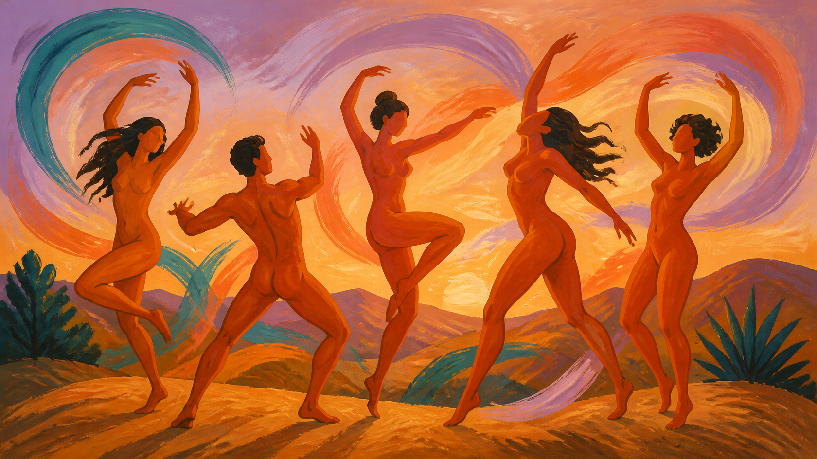 Painting of dancers moving freely at golden hour over desert hills
