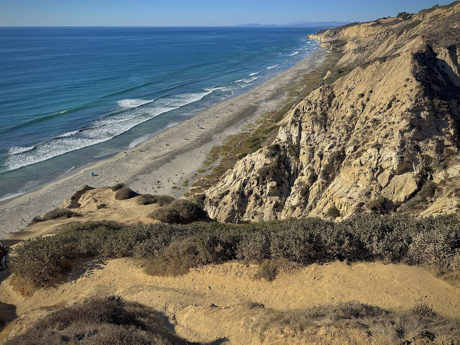 Looking down the Torrey Pines sandstone cliffs to Black's Beach and the surf